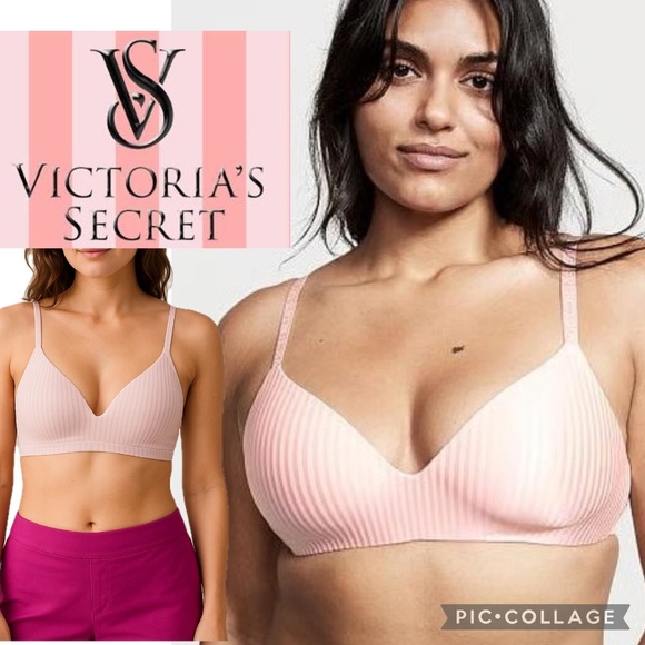Victoria’s Secret T-shirt Light Pink Striped Lightly-Lined Wireless Bra 34D - Picture 1 of 16